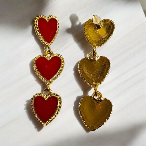3 Hearts Long Dangle Earring - Picture 2 of 5